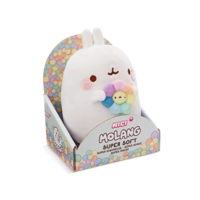 Pelúcia Molang branca macia com flor colorida em embalagem com texto NICI MOLANG