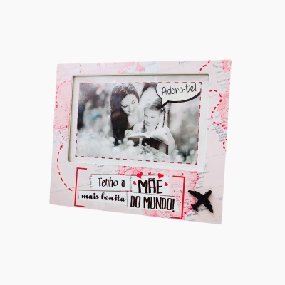 Moldura de fotografia cor-de-rosa com texto sentimental e imagem preto e branco de mãe e filha