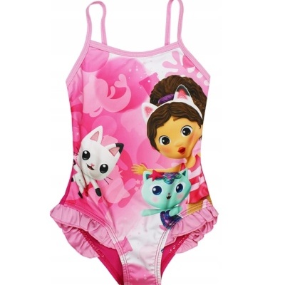 Fato de banho infantil cor-de-rosa com desenhos animados e folhos