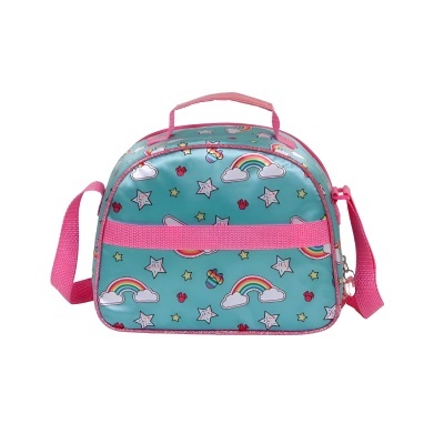 Mala infantil azul com padrão de arco-íris e estrelas, alças cor-de-rosa