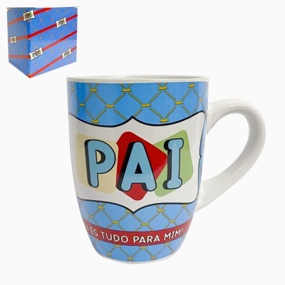 Caneca decorativa para Pai com texto e padrão colorido, com caixa azul.