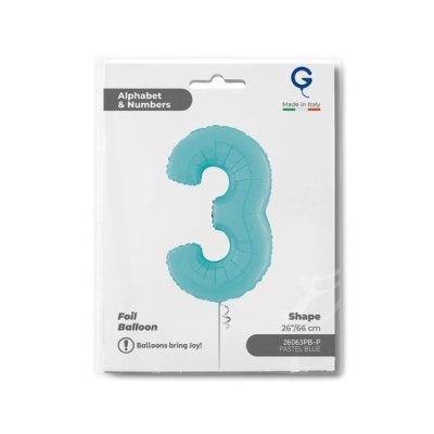 Balão foil azul pastel número 3 em embalagem branca com texto em inglês