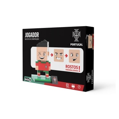 Caixa preta com boneco de blocos de construção jogador Portugal e texto
