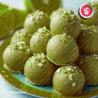 Bolas de chocolate verde claro polvilhadas num prato colorido