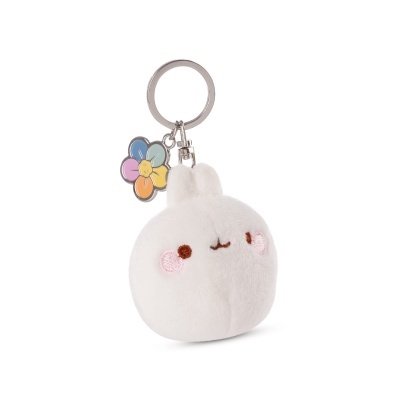 Porta-chaves de peluche branco com rosto e pendente de flor colorida