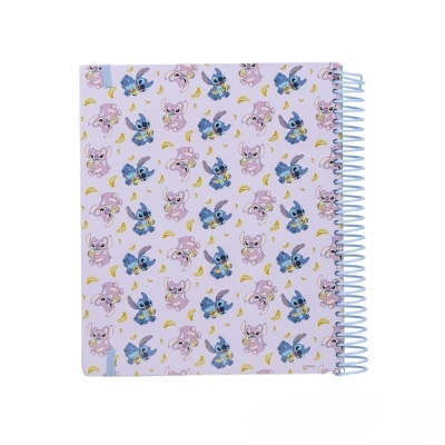 Caderno espiral com capa rosa estampada com personagens e bananas amarelas