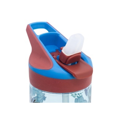 Garrafa de água com tampa azul e vermelha com bico de silicone