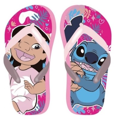 Chinelos infantis rosa com personagens Lilo e Stitch e tiras transparentes