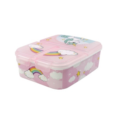 Caixa rosa para lanche com desenhos de nuvens, estrelas, arco-íris e unicórnio