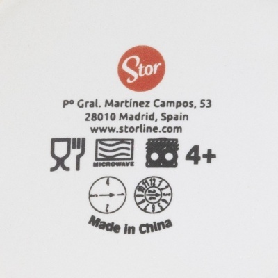 Logotipo Stor com endereço, site, símbolos de uso e indicação Made in China