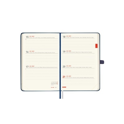 Agenda semanal aberta com capa azul escuro e páginas com datas de março de 2027