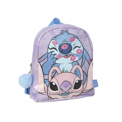 Mochila lilás com estampa dos personagens Stitch e pompom azul