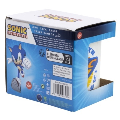 Caixa azul com caneca Sonic the Hedgehog dentro