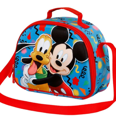 Mala pequena azul com personagens Mickey Mouse e Pluto e alça vermelha