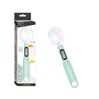 Colher balança eletrónica de precisão verde água com display digital e colher transparente.