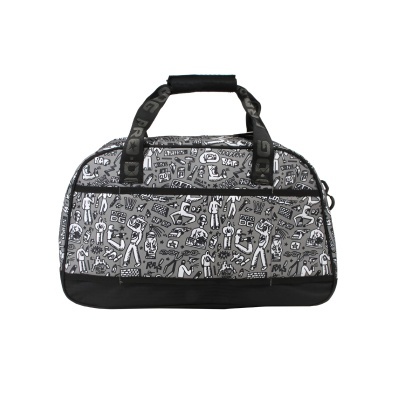 Bolsa tipo saco preta e branca com padrão gráfico estilizado e alças pretas.