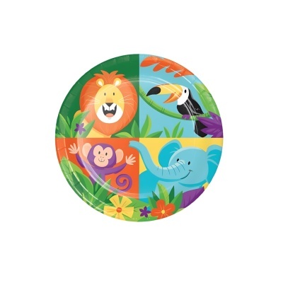 Prato de papel com ilustração de animais selvagens coloridos