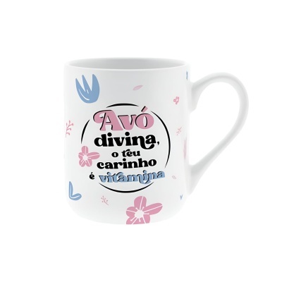 Caneca branca com texto e flores coloridas