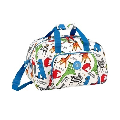Mala de viagem branca com desenhos coloridos de dinossauros e alças azuis