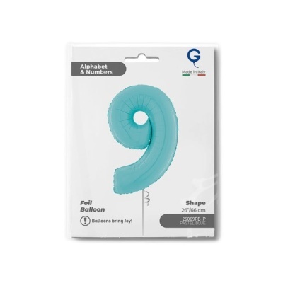 Balão de folha azul pastel em forma de número 9 na embalagem branca.