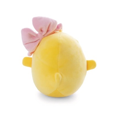 Pelúcia amarela redonda com laço cor-de-rosa e braços curtos