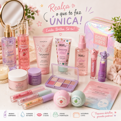 Produtos de beleza e cuidados pessoais em embalagem rosa e lilás com uma necessaire brilhante rosa e um espelho redondo dourado ao fundo