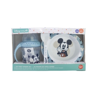 Conjunto para bebé Disney com prato, biberão e colher com imagem do Mickey Mouse