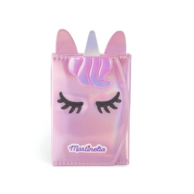 Carteira rosa holográfica com design de unicórnio e texto Martinelia
