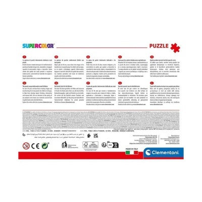 Parte traseira da embalagem do puzzle Clementoni com texto multilíngue e selos