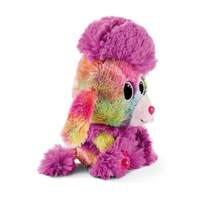 Pelúcia de cão multicolorida, felpuda, com olhos grandes e nariz rosa