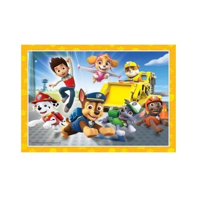 Personagens animados da série com cães em uniformes coloridos num fundo azul e amarelo.