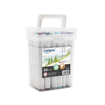 Conjunto de 24 marcadores Campus Student Topicolor em caixa plástica transparente com pega