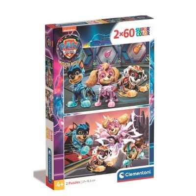 embalagem de dois puzzles da Paw Patrol com personagens em trajes futuristas coloridos