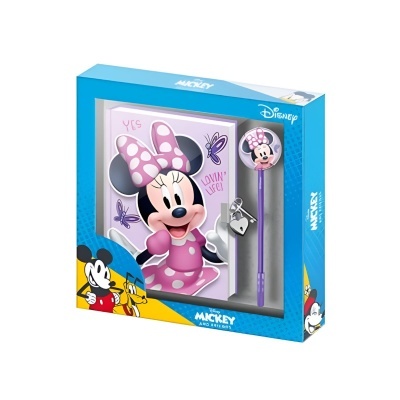 Conjunto de papelaria tema Minnie com bloco de notas, caneta e porta-chaves em embalagem azul