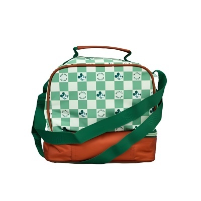 Mala com padrão xadrez verde e branco e imagens de Mickey Mouse