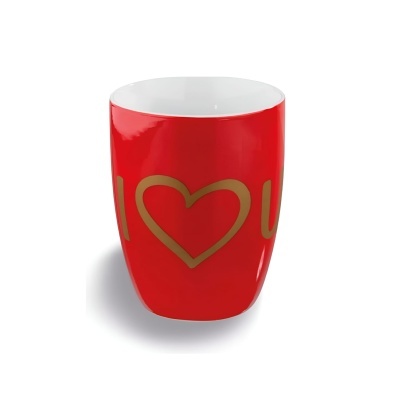 Caneca vermelha com texto 'I ♥ U' em dourado