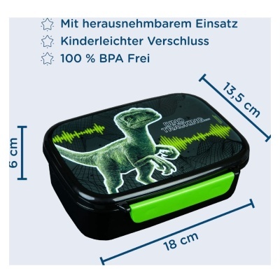 Marmita preta com tampa decorada com dinossauro verde e fecho verde