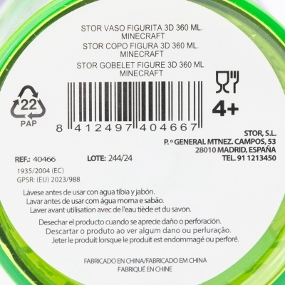 Rótulo redondo de produto Minecraft com texto em várias línguas, código de barras e instruções.