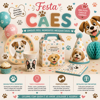 Artigos de festa de papel com tema de cães, incluindo pratos, copos, chapéu, caixa, guardanapos, balões e cupcake decorados com imagens de cães e patas coloridas.