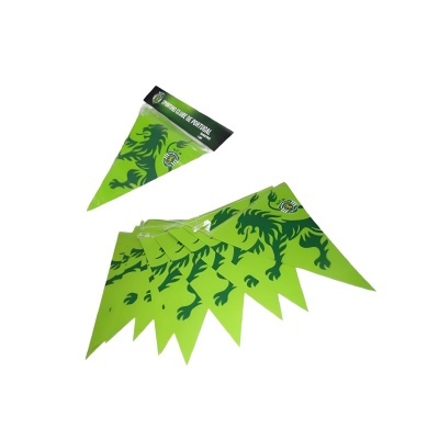 Bandeiras triangulares verdes com leão azul e brasão, pacote com texto 'Bandeirola de Portugal'.