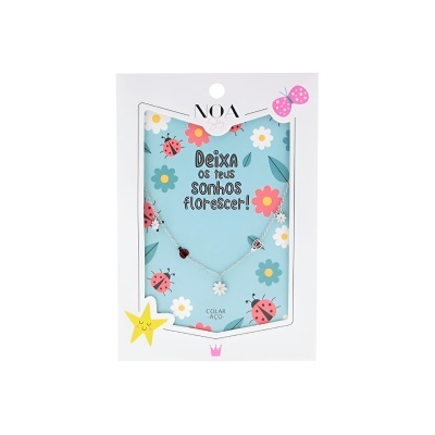 Colar de aço com embalagem decorada com flores, joaninhas e texto motivacional