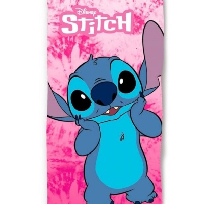Toalha rosa com estampa da personagem Stitch da Disney.