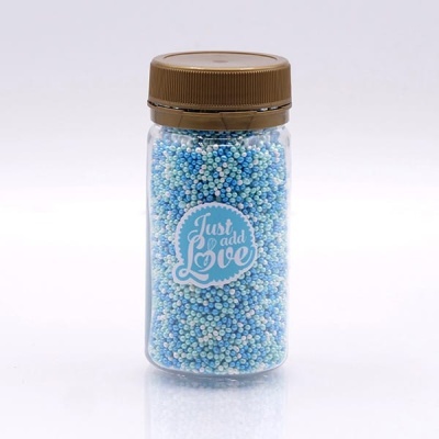 Frasco transparente com pequenas bolinhas coloridas e tampa castanha