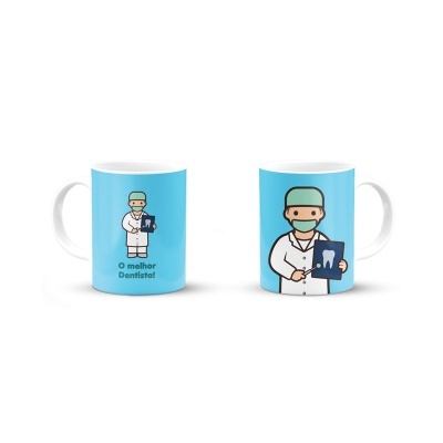 Caneca branca com ilustração de dentista e texto 'O melhor Dentista!'