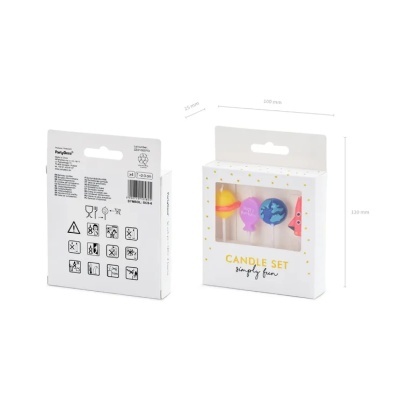 Conjunto de velas decorativas de aniversário com padrões de planetas e objetos espaciais embalada em caixa branca