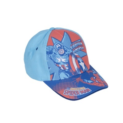 boné azul e vermelho com estampas de Capitão América e Homem-Aranha