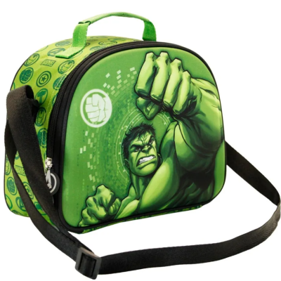 Mala infantil verde com imagem do personagem Hulk e alças preta e verde