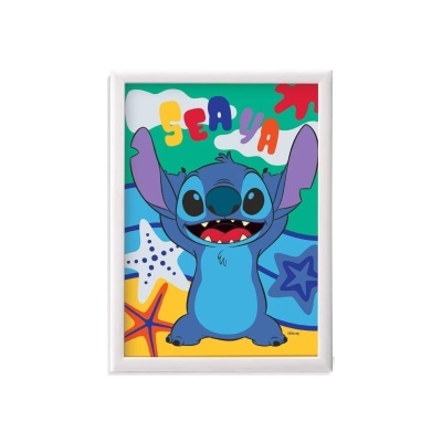 Póster colorido com personagem azul e texto SEA YA em moldura branca