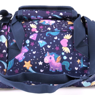 Mala azul escura padrão unicórnios coloridos com alças ajustáveis