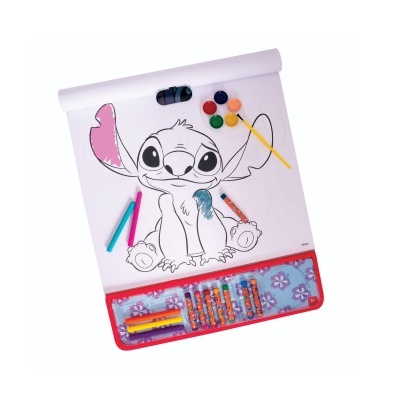 Bloco para colorir do Stitch com materiais de pintura e estojo colorido